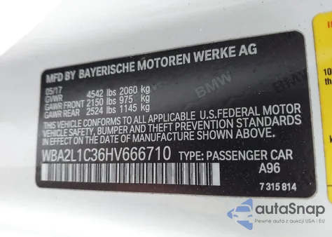 2017 BMW M240I z USA, uszkodzony, nr VIN WBA2L1C36HV666710